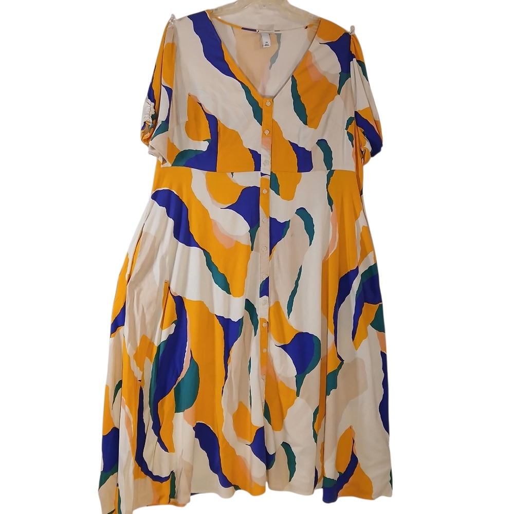 Ava+Viv Plus Short Sleeve Orange/White Abstract Maxi Dress w/Side Pockets 2X